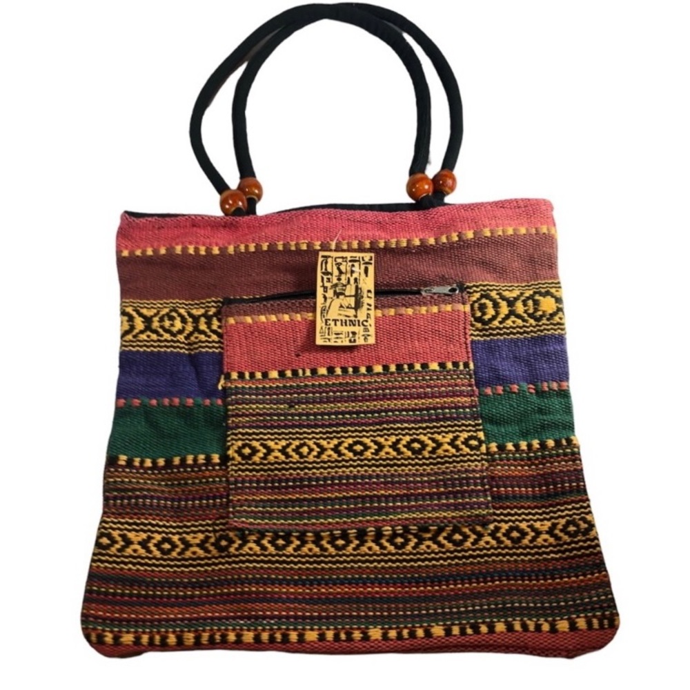 NWT Woven Tote Handbag Wooden Beads Colorful Pattern Boho Bohemian Hippie
